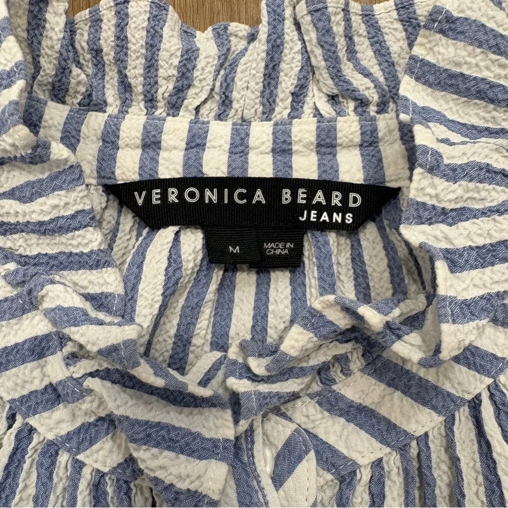 🌟VERONICA BEARD🌟 JEANS CALISTO STRIPED SEERSUCKER BLOUSE BLUE / WHITE M - Picture 4 of 10